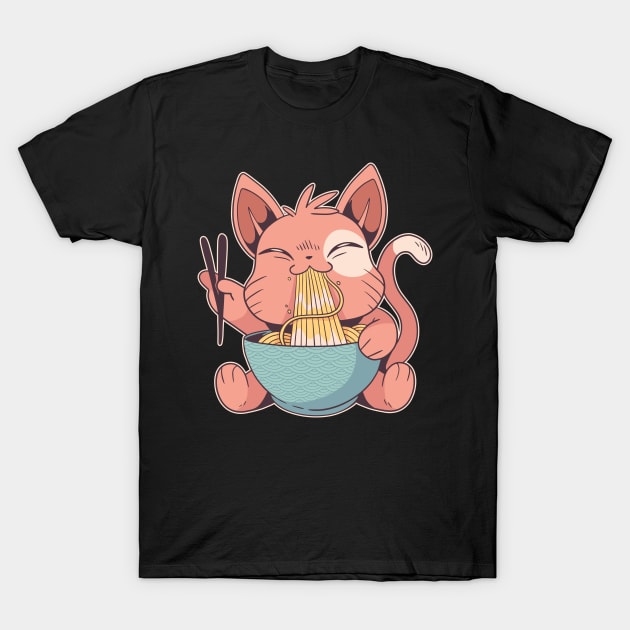 Cat Eating Ramen Japanese Art T-Shirt by Evoke Collective